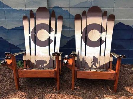 Brown bear and Bigfoot Adirondack hybrid ski/snowboard chairs