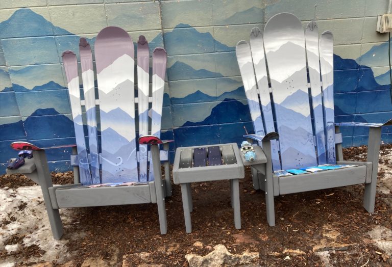Purple & Grey Mystic Mountains Mural Adirondack Ski & Snowboard Chairs – Set of 2