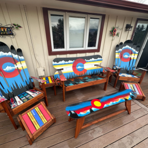 Set of 6- (2) Mtn Mural Chairs, (1) Large SB Bench, (2) Matching Ottomans, (1) Single SB Bench