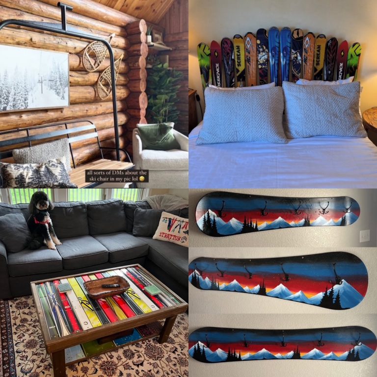 Rental package collage of a chairlift bench, ski headboard, ski coffee table and snowboard coat hooks