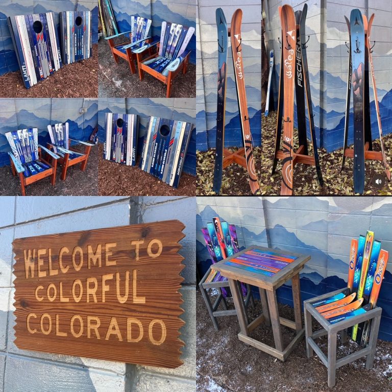 Rental set collage with ski cornhole boards, ski hall trees, a carved Colorado sign and pub table
