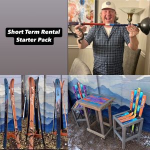 STR -Set of 5 - (1) Ski Pub Table (2) Ski Barstools, (1) Ski Pole Plunger & (1) Ski Hall Tree