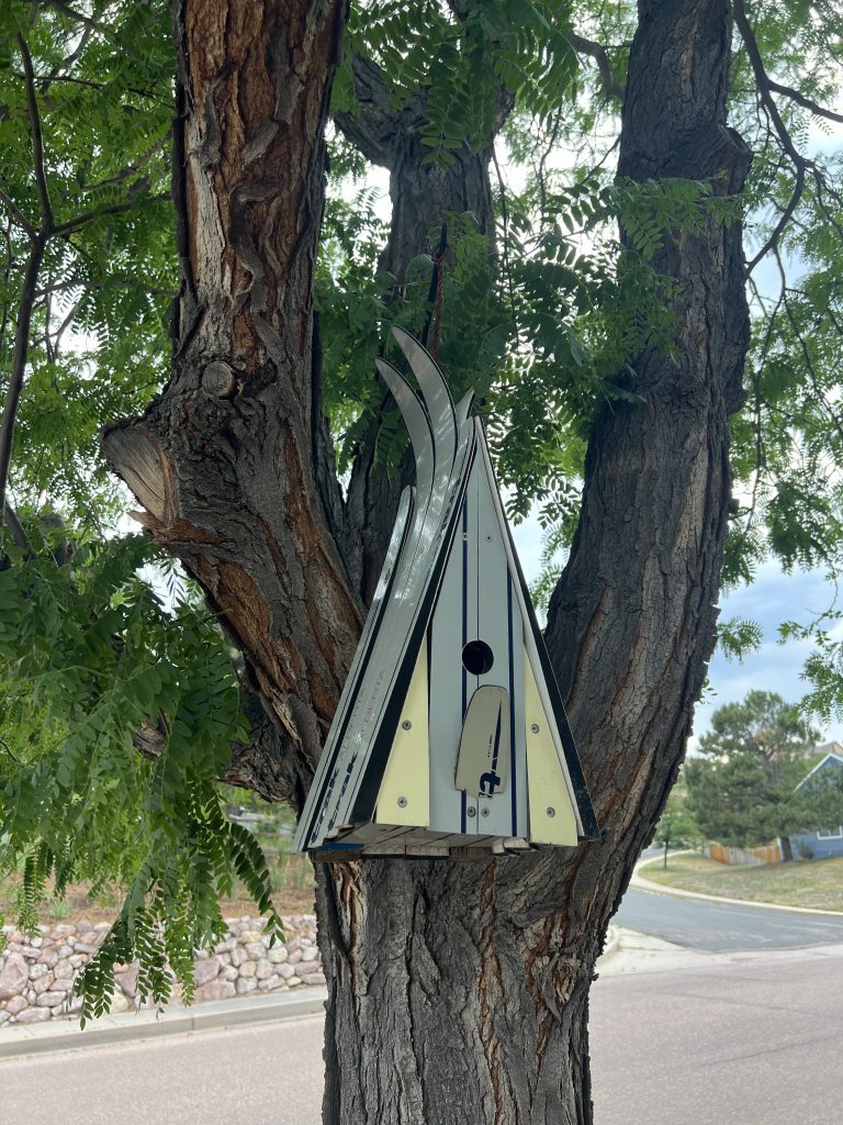 A-frame ski chalet birdhouse built from white and yellow skis, hanging on a tree trunk