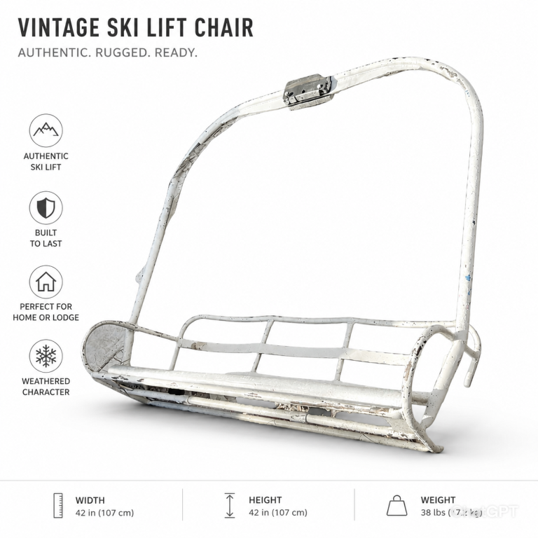 Weathered white vintage three-person chairlift bench on white with size and weight details