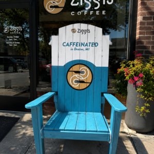 Giant 84 inch custom logo Adirondack chair outside the Ziggi's Coffee storefront in Dexter, Michigan