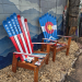 Stars and stripes ski chair beside a Colorado flag ski chair on a redwood stained Douglas Fir base