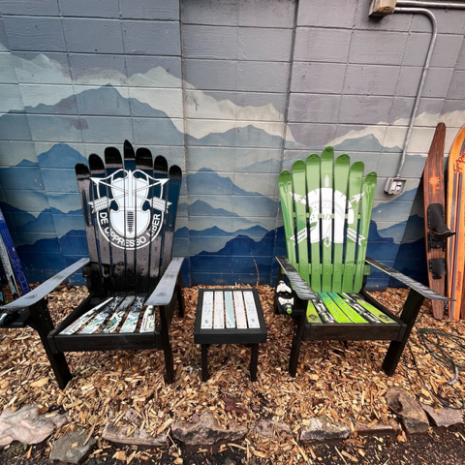 Military Crest Ski Chairs with Side Table Two military insignia ski chairs with a matching ski side table between them