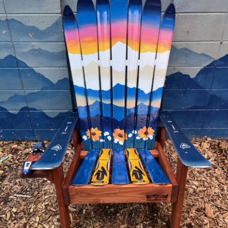 Sunflower and Sunset Mountain Ski Chair Adirondack ski chair with a hand painted sunset mountain mural and sunflowers across the seat back